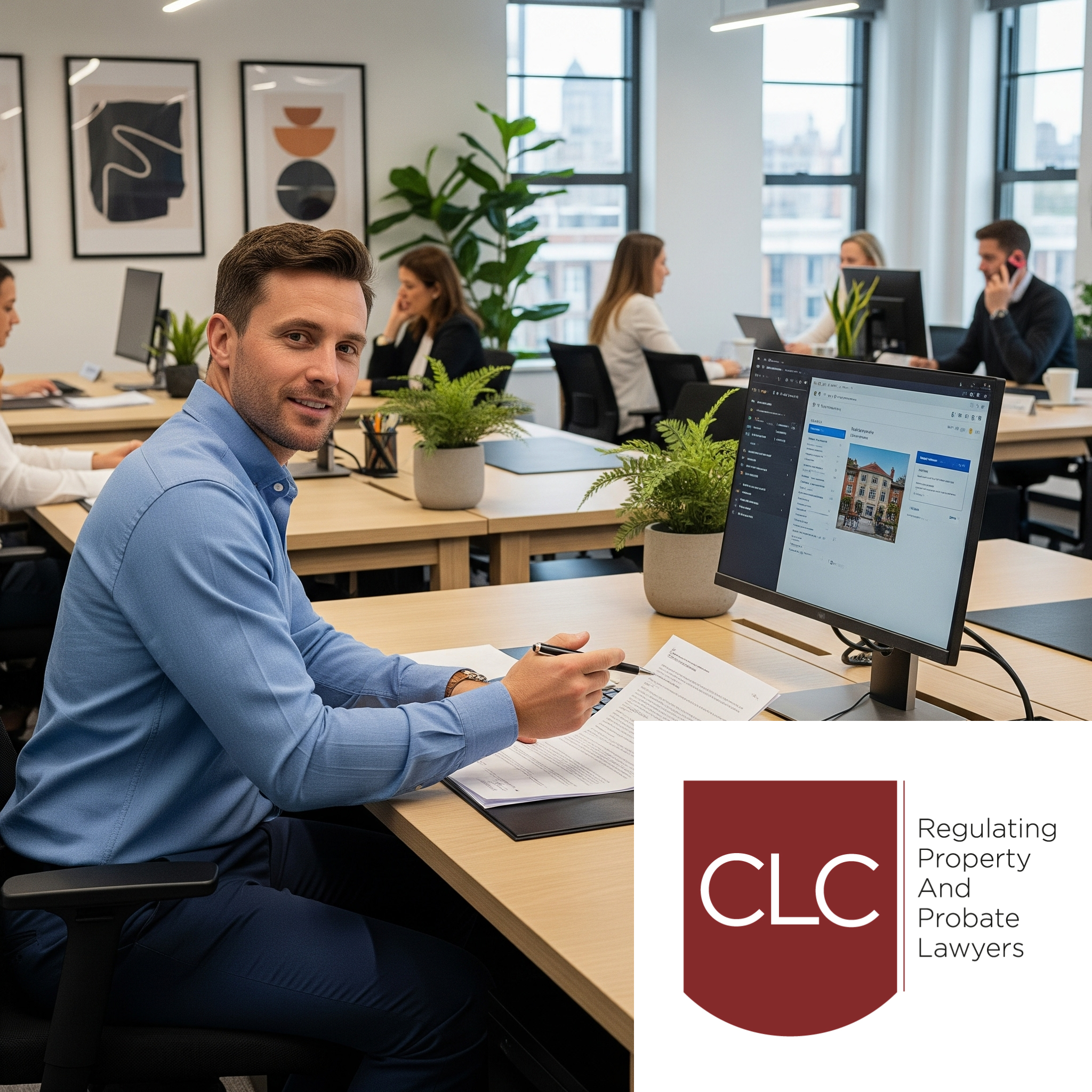 CLC regulated conveyancer working in a modern office. Conveyancing professional at desk with