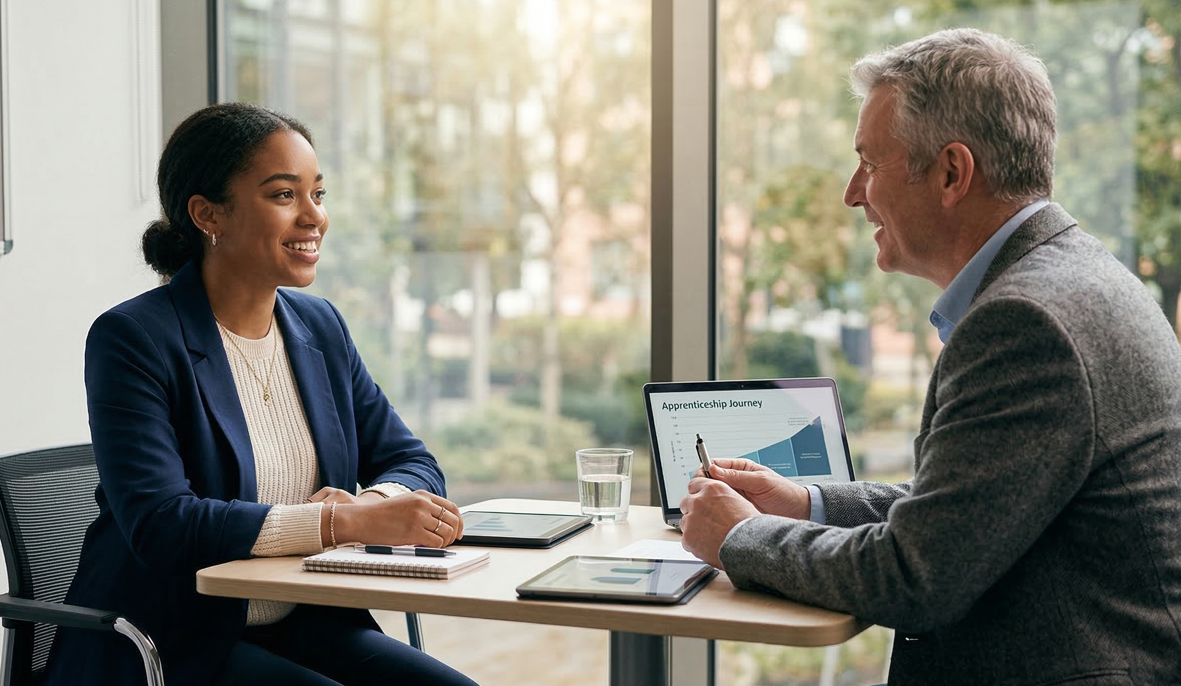 A professional conveyancing apprentice smiling and looking confident during her End-Point Assessment (EPA) interview with an independent assessor in a modern office setting.