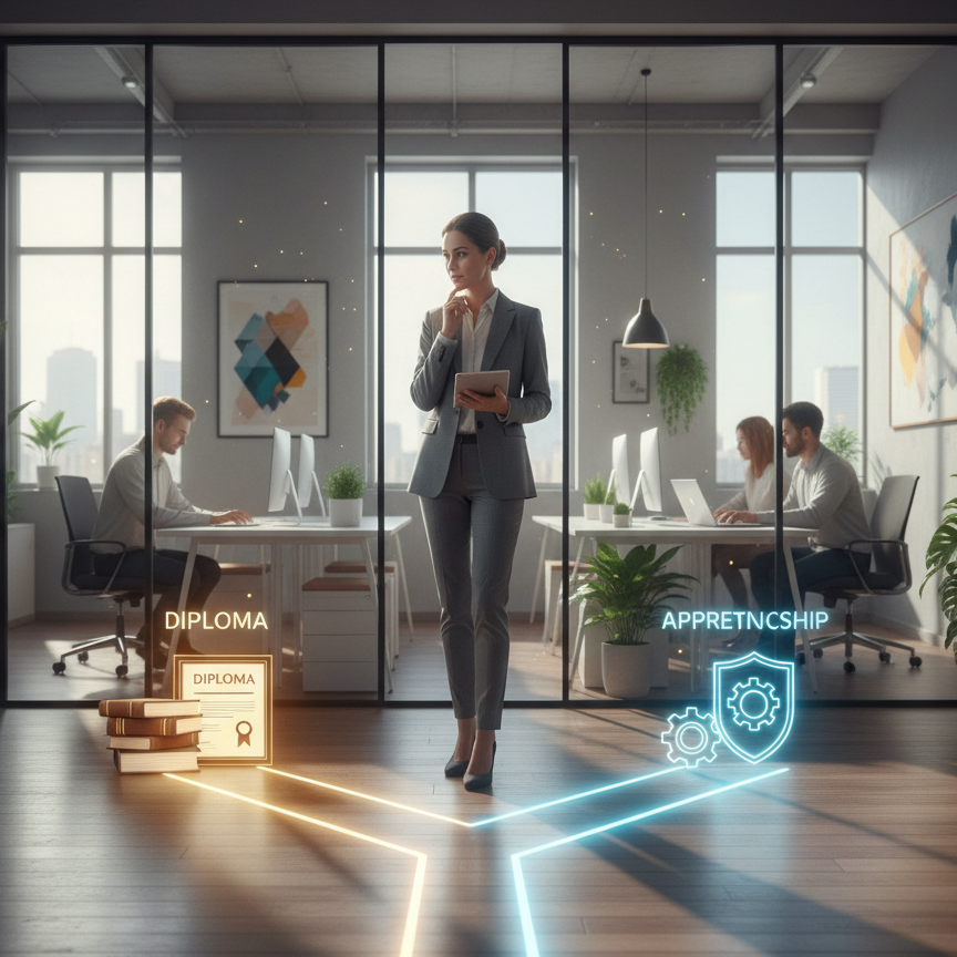 A legal professional in a modern office considering a licensed conveyancer apprenticeship versus a direct diploma, with glowing pathways representing each career route.