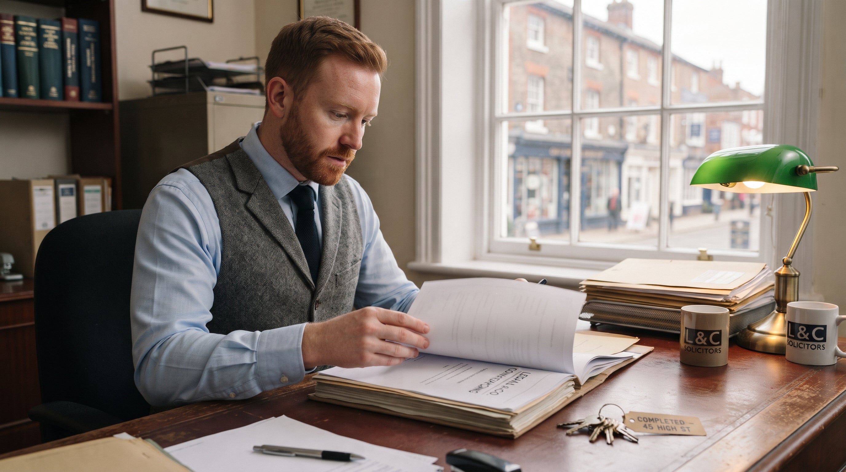 Conveyancing assistant with a non-law degree reviewing a property file in a high street law firm