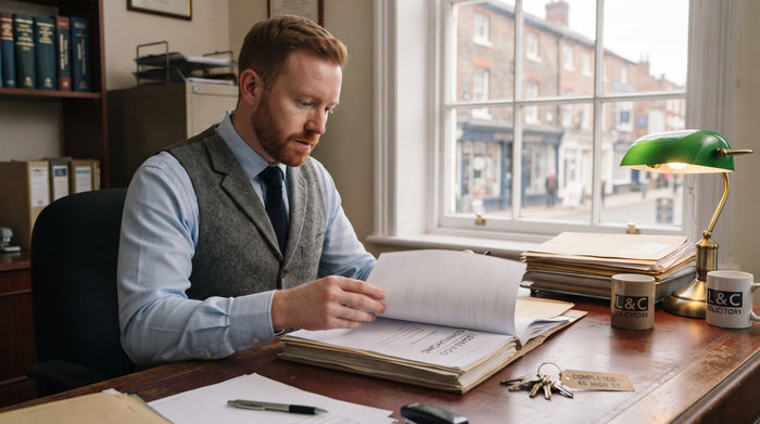 Conveyancing assistant with a non-law degree reviewing a property file in a high street law firm