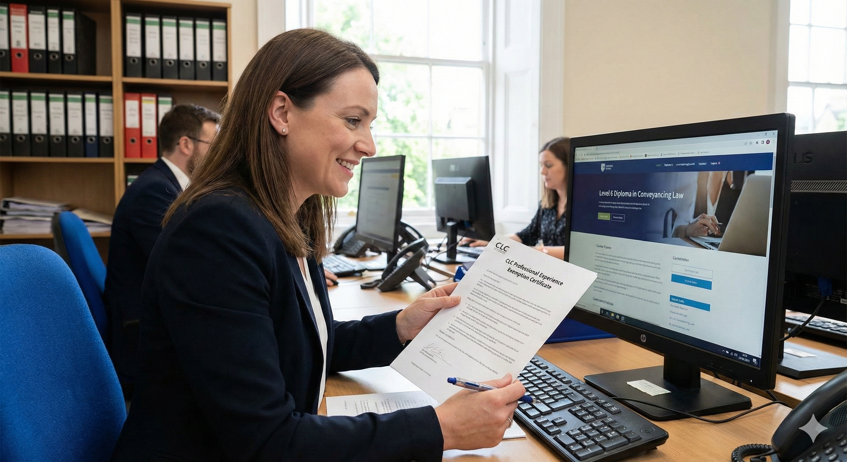An experienced conveyancing fee earner holds her approved CLC Professional Experience Exemption certificate in a law office, looking at a computer screen displaying the Level 6 Diploma accelerated qualification course page.