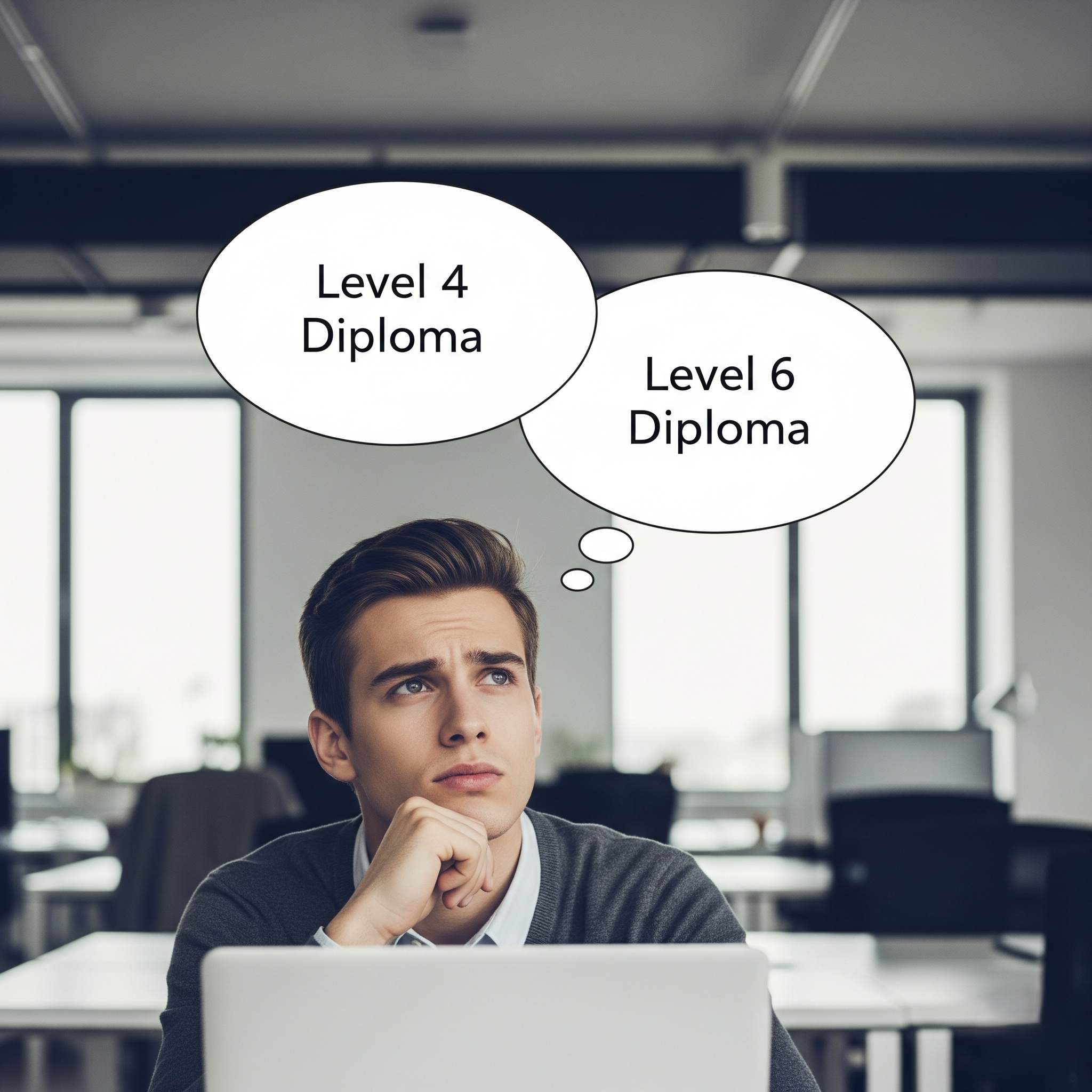 A young professional in a modern office setting, looking up in thought with two thought bubbles above their head. One bubble reads 