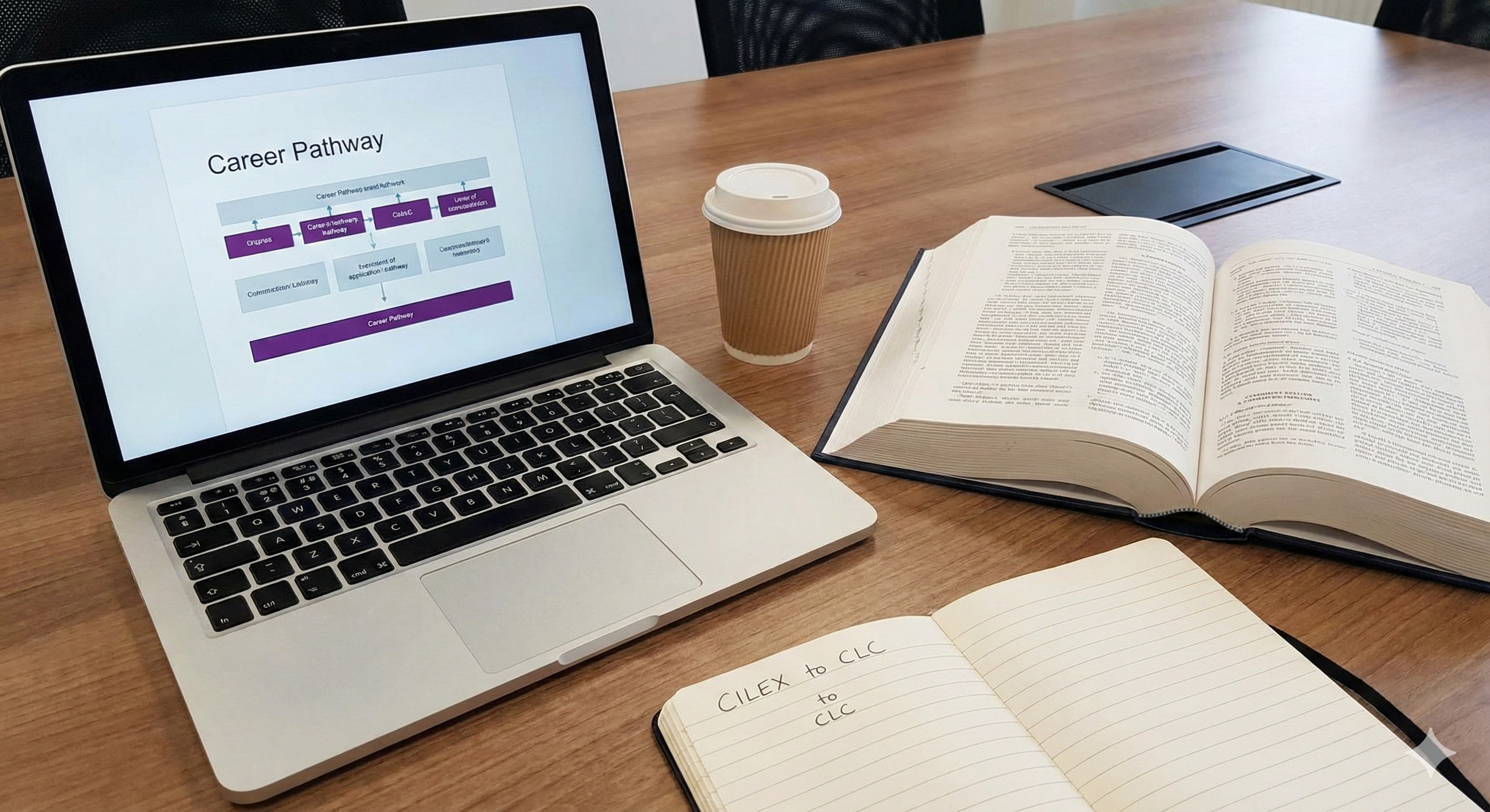 Laptop displaying a legal career pathway flowchart next to open law books, a coffee cup, and a notebook with 'CILEX to CLC' handwritten notes, illustrating the transition for legal professionals