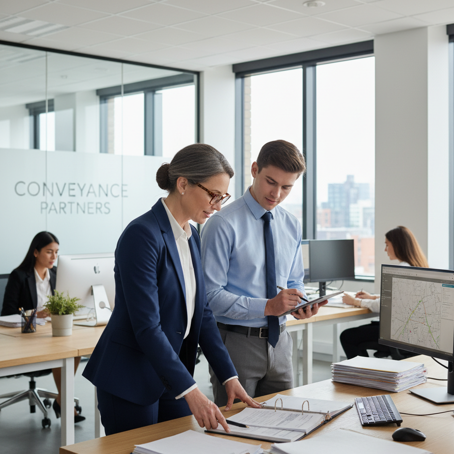 A mature female solicitor mentors a young male conveyancing apprentice in a modern and bright office.