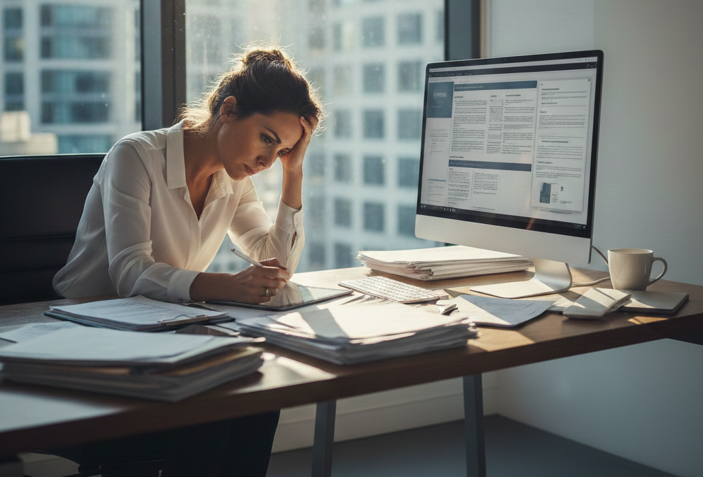 A stressed female conveyancer working at a modern desk piled with legal documents and property files in a high-rise office.